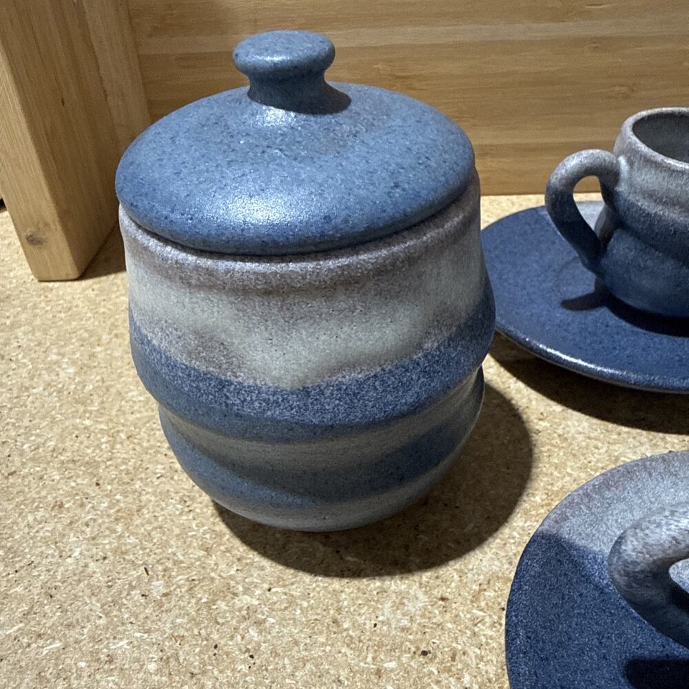 VTG Studio Pottery Blue Gray Espresso Cups & Saucers Sugar Bowl Set - Picture 5 of 16
